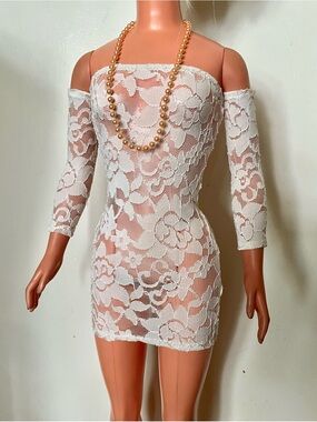 Cream Lace Mini Dress & Beige Bead Necklace for My Size Barbie Doll 36". New